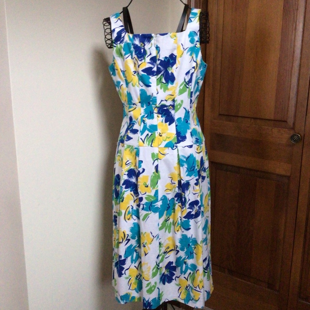 Chaps by Ralph Lauren Womens Designer Floral Watercolor Dress Blue Yellow White, - Picture 7 of 9